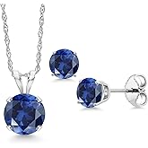 Gem Stone King 14K White Gold Blue Created Sapphire Pendant Earrings Jewelry Set For Women | 1.50 Cttw | Gemstone September Birthstone | Round 6MM | with 18 Inch Chain