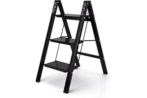 BOWEITI 3 Step Ladder Lightweight Folding Step Stool, Aluminum Portable Lightweight Ladder for Home and Office Use, Anti-Slip Pedal 330 Lbs Capacity Household Stepladder(Black)