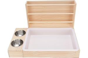 NOENNULL 3 in 1 Wooden Rack Feeder, Rabbit & Guinea Pig Manger with Litter Box & 2 Water Bowls for Small Pets