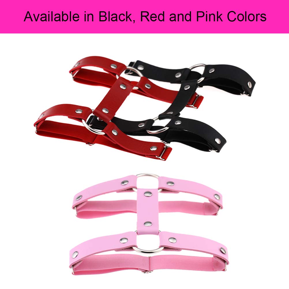 2PCs Adjustable Faux Leather Leg Garter Belt, 2 Rows Thigh Garters for Women Parties, Black/Red/Pink/White/Brown