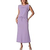 GRECERELLE Women Summer 2 Piece Sets Round Neck Wrinkle-Free Top & Elastic Waist Midi Fishtail Skirt with Pockets(XS-3XL)