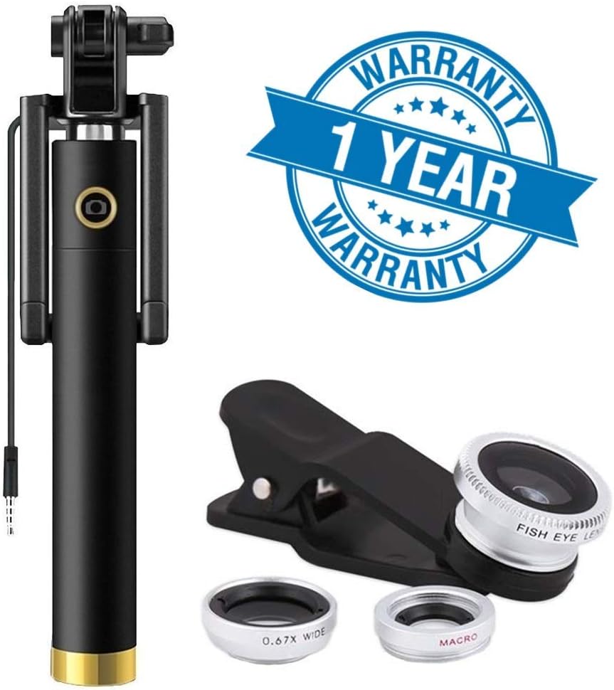 Enraciner Locust Aux Cable Monopod Selfie Stick with 3 in 1 0.4X Super Wide Angle + 180ยฐ Fisheye & 10X Macro Camera Lens for iOS & Android Smartphones