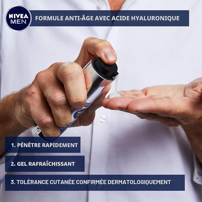 MEN Gel hydratant anti-âge à l'acide hyaluronique pour le visage (50 ml) - Réduit même les rides profondes - Soin du visage à absorption rapide avec de l'acide hyaluronique