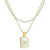 LETFLY Zodiac Natural Shell Layered Gold Necklace for Women, 18K Gold Plated Square Shaped Pendant with Adjustable Layered Snake Chain for Womens Jewelry Gifts
