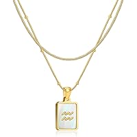 LETFLY Zodiac Natural Shell Layered Gold Necklace for Women, 18K Gold Plated Square Shaped Pendant with Adjustable Layered Sn