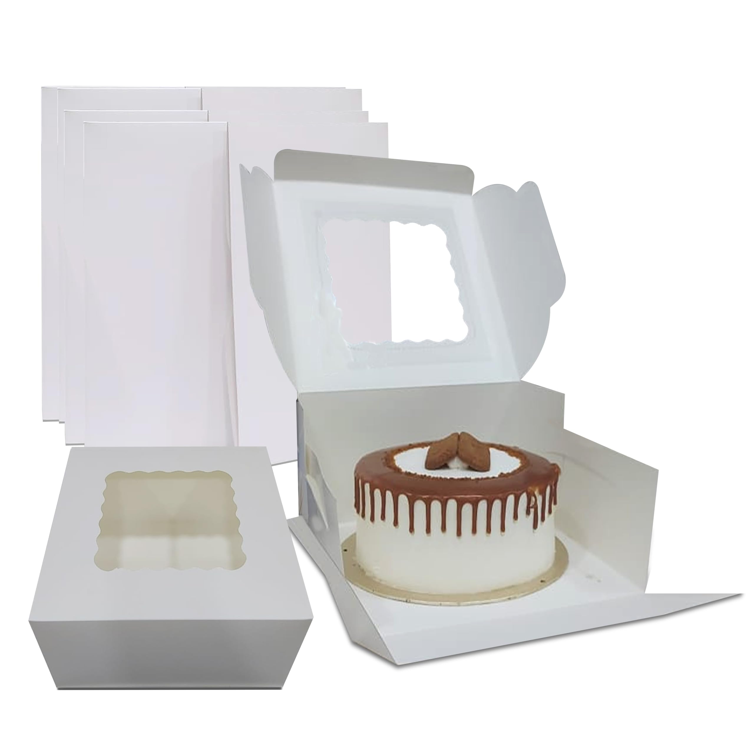Amour Cake Box Pack of 10 – Premium Quality Sturdy Cardboard 10 Inch Cake Box with Transparent Window to Showcase Cakes, Muffins, Donuts, Pastries -Easy Assembly with Lock Mechanism