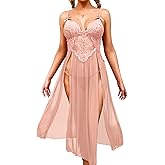 EHSUYAB Womens Sexy Long Nightgowns, Floral Lace Flowy High Slit Exotic Lingerie Dress, Sheer Mesh G String Babydoll Boudoir