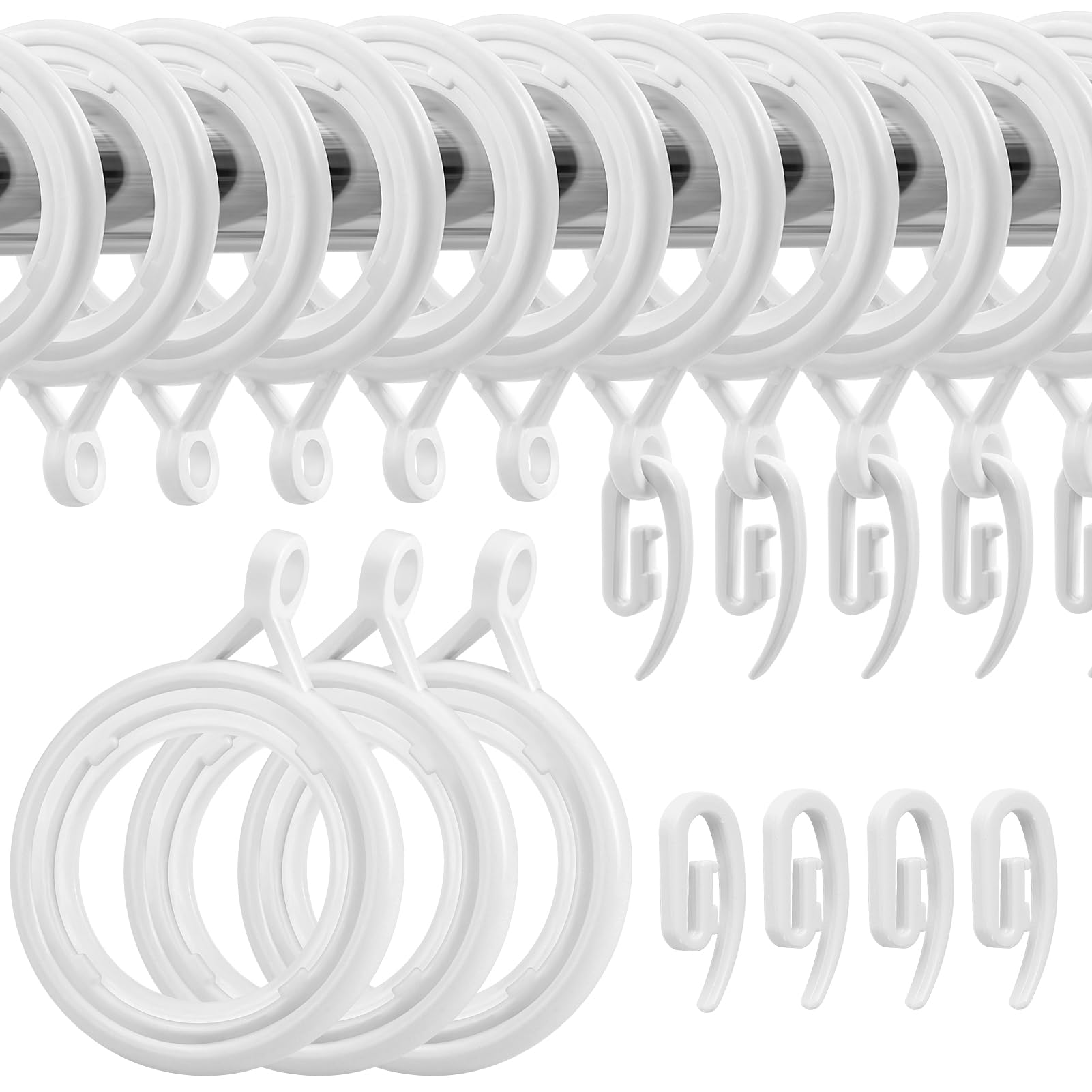 WCIC 32 Pack Curtain Rings and Hooks - White 30mm Plastic Hanging Rings with Hooks for Curtains