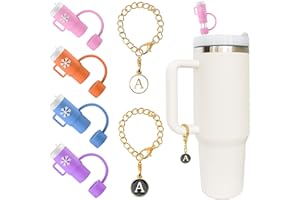 HQCME 4Pcs 0.4in Straw Cover Cap Compatible with Stanley Cup Cute Silicone Straw Topper Protector Lid with 2 Initial Personalized Letter Charm for Stanley Cup Accessories(4 Straw Cover+2 Letter A)