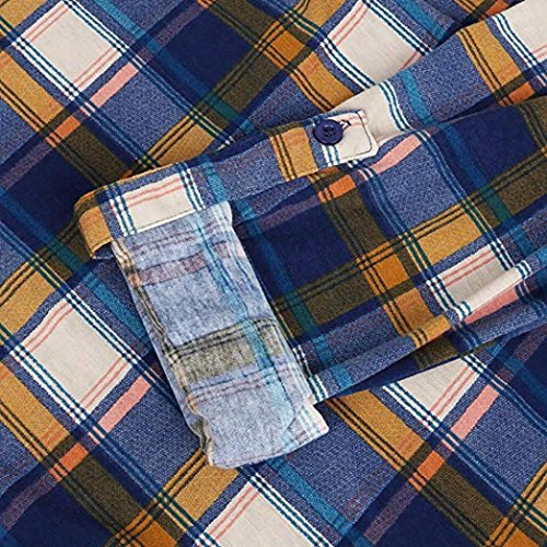 Rambling Fashion New Womens Split V Neck Rolled up Sleeve Plaid Casual Blouse Tops