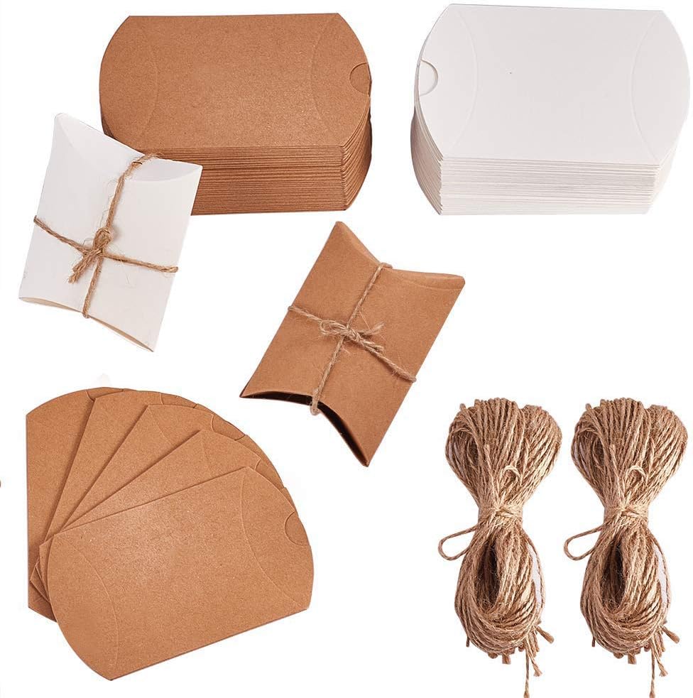 100Pcs Wedding Favour Candy Boxes Kraft Paper Gift Box Vintage Style Gift Boxes with Rope Gift Packing Box Candy Boxes Pillow Box Kraft Paper Candy Box for Wedding Birthday Party Feast