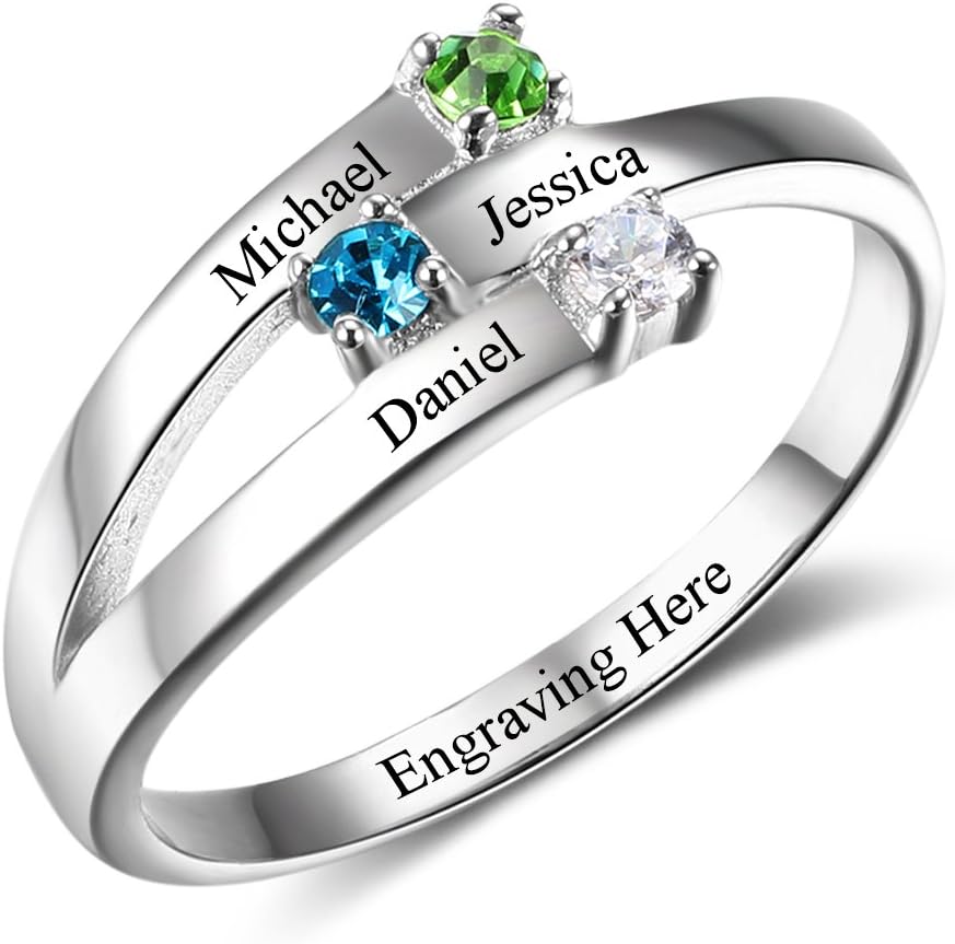 Personalized 3 Names Mothers Daughter Rings with 3 Simulated Birthstones Custom Women Jewelry for Grandma