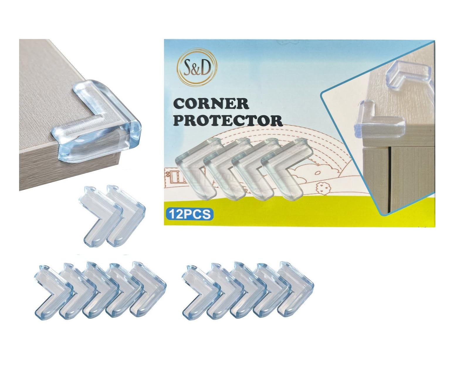 S&D, Corner Protectors for Baby Children Thick Table Cupboard Furniture Edge Protec Kids with Strong Adhesion, Corner Guard Cushion & Edge Safety Bumpers Clear and Transparent Proofing (Pack of 12)