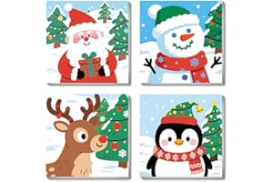Clendo 4 Pack Christmas Paint by Numbers Kit for Kids(with Frame) - Paint by Number for Kids, Easy Acrylic Watercolor Canvas Oil Painting Kits Kid Age 5-8-10-12-13 Wall Decor(8x8in)