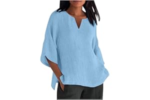 Gamivast Linen 3/4 Sleeve Tops for Women 2024 Trendy Solid Color V Neck Shirts Loose Summer Tshirt Oversized Casual Tops