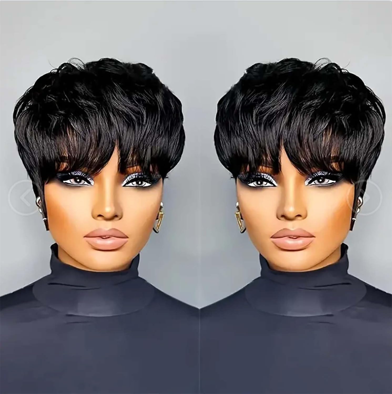 Photo 1 of Usexy Short Pixie Cut Wig for Women Black Pixie Cut Wig Human Hair 1B Short Wigs for Women Soft Real Human Hair Glueless Layered Wigs with Bangs Full Machine Made