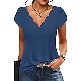 Womens Summer Tops Seashell Edge V Neck Shirts Petal Short Sleeve Top Dressy Casual Tunic Blouses