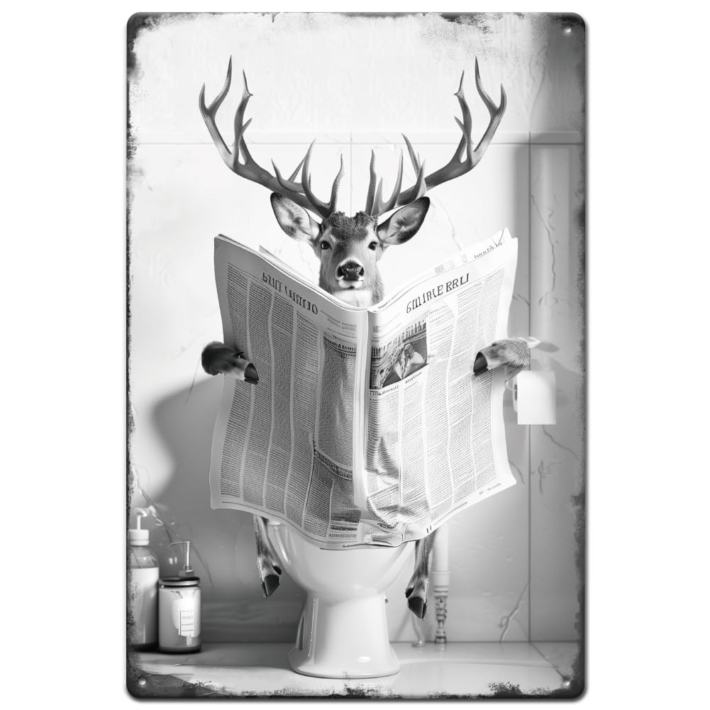 SUPERDANT Deer Reads Newspaper Metal Sign, 30x20cm/11.8x7.8in, Humor Theme, Wall Mount, Decorative Sign for Bathroom, Toilet, Bedroom