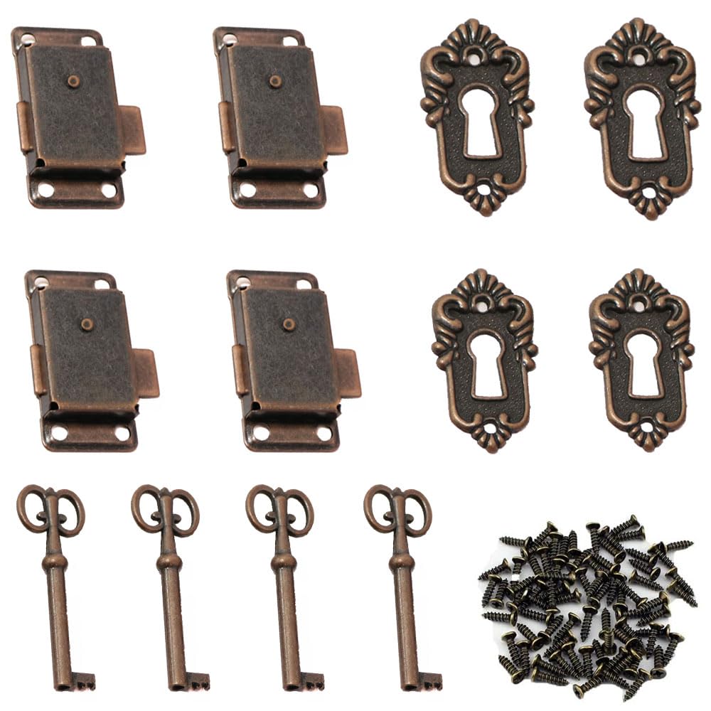 yufana 4 Piece Set Vintage Drawer Lock, Vintage Cabinet Lock, Antique Lock, Vintage Lock Set, Antique Lock and Key, Decorative Furniture Lock, Suitable for Cabinets, Jewelry Boxes, Cosmetics,