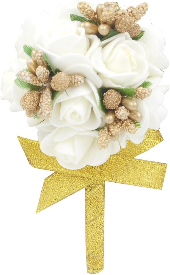 Bridal Prom White Foam Rose Boutonniere Gold Ribbon Decoration Groom Flower for Rustic Beach Wedding