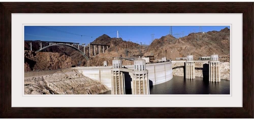GREATBIGCANVAS Dam on a River Hoover Dam Colorado River Arizona Nevada Espresso Framed Wall Art Print, 36"x12".