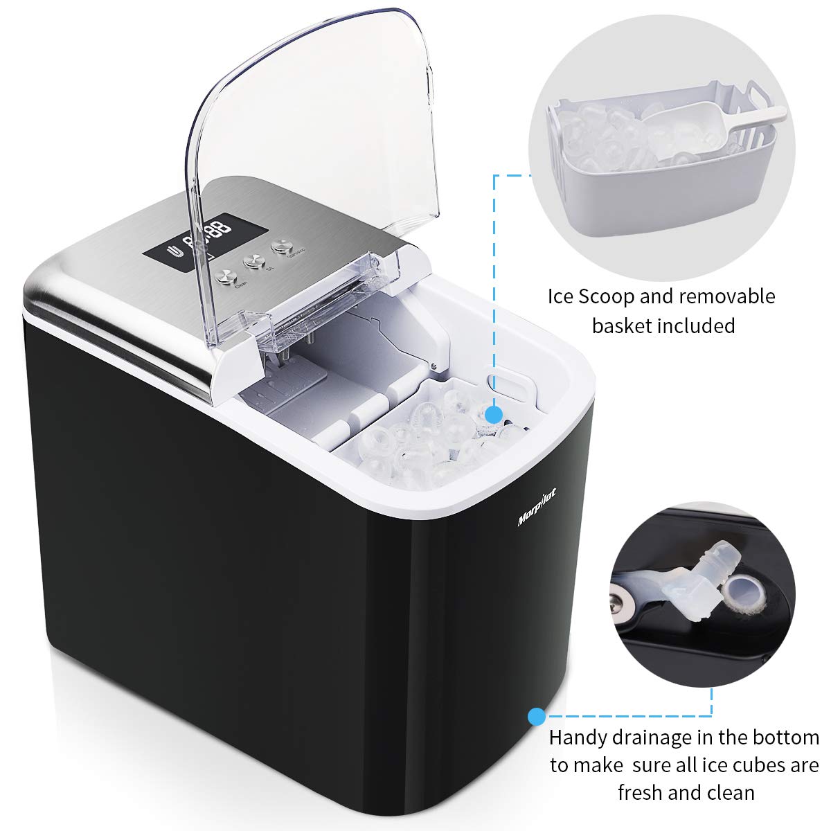 morpilot Machine à Glaçons Automatique/Machine a Glace avec 2.1L Réservoir, Affichage-LCD, Fonction D\'auto-nettoyage, 120W/Acier Inoxydable Matériel.