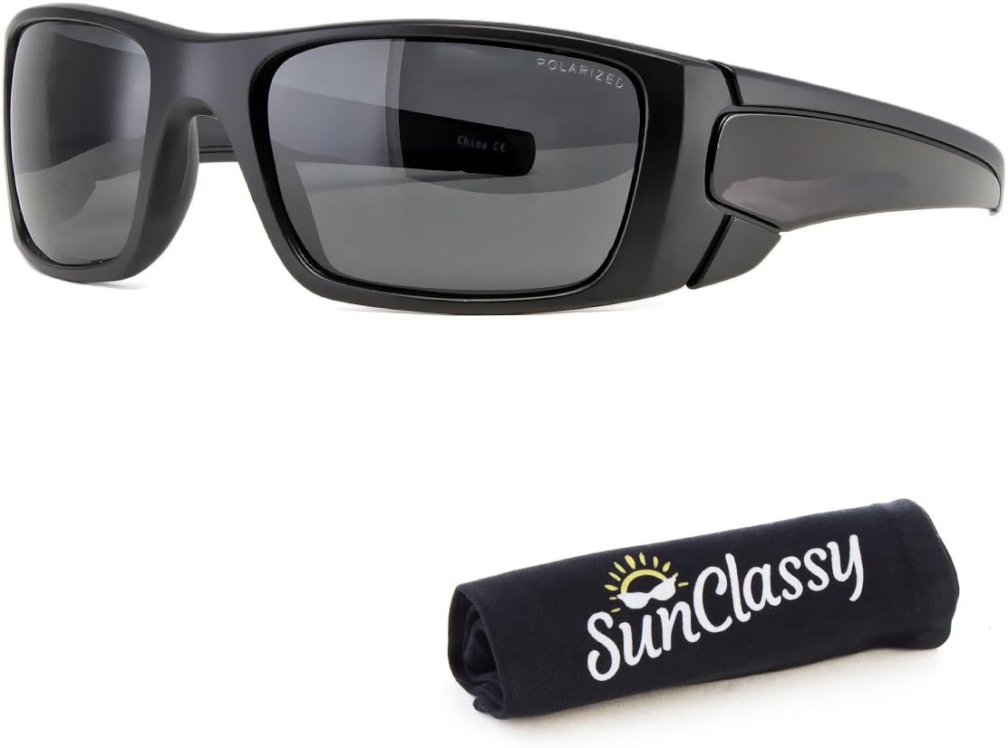 Sunclassy Mens Dark Polarized Sunglasses Anti Glare Driving Wrap Around Driving Square Frame Motorcycle Block UVA UVB UVC (Matte Black)