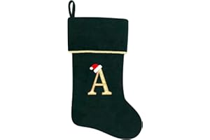Subyan 20 Inches Initial Monogram Green Christmas Stocking, Personalized Large Embroidered Letter Velvet Christmas Stocking with Gold Trim Decoration for Family Christmas Holiday Party Decor(Letter A)