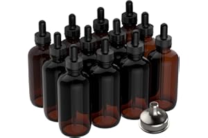Nylea 12 Pack Essential Oil Dropper Bottles (4 oz) 120ml Round Boston Empty Refillable Amber Bottle with Glass Dropper [ Free Stainless Steel Funnel ] for Liquid Aromatherapy Fragrance Lot