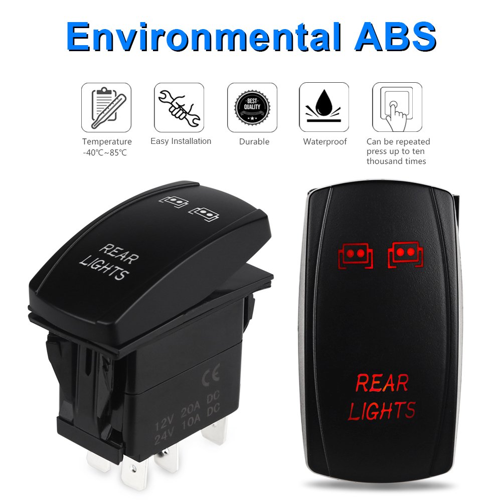 WATERWICH 5 Pin Rear Lights Illuminated Rocker Toggle Switch Waterproof with Jumper Wires Set DC 20A 12V/10A 24V Black Shell/ON-Off SPST Rocker Switch for Auto Truck Boat Marine RV Off Road