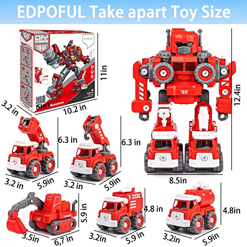 Edpoful Take Apart Robot Toys for Boys, 5-in-1 Rescue Vehicles Transformation Toys, Building STEM Truck Toys for 5 6 7 Year Old Kids