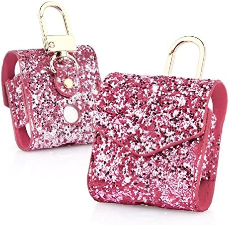 AirPods Case,Magnetic Closure Protective Cover Carrying Pouch Pocket, Glitter Leather Keychain for Apple AirPods Charging Case-Rose red