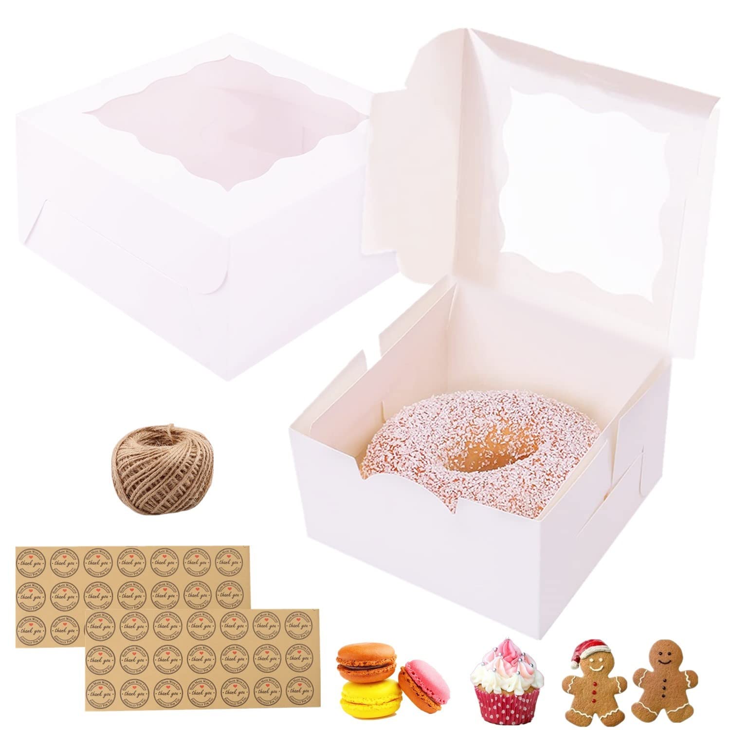 GUIFIER 30 PCS 6 inch Cake Boxes with Window, White Paper Kraft Bakery Boxes, Brownie Box, 6x6x3in Cupcake Carrier Party Favor Packaging Boxes for Cupcakes, Cookies, Desserts, Pies, Donuts, Macaron