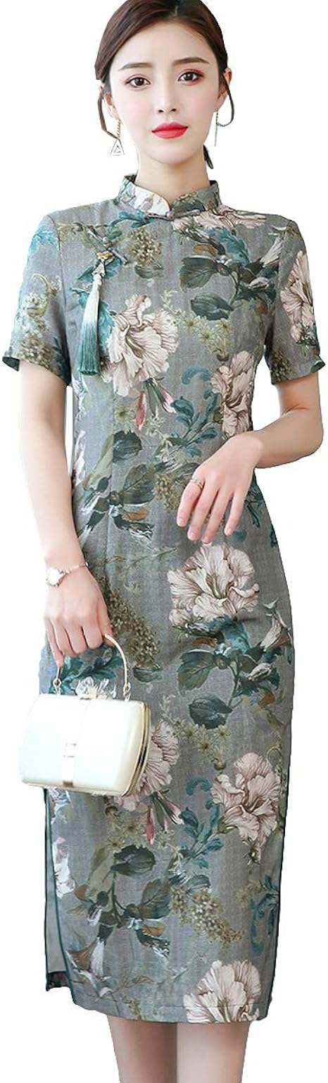 Amazon Zuomaレディース チャイナドレス 夏服 日常着用 ワンピース タイト 民族風 リネンガーゼ 復古文芸 半袖 フォーマルドレス 花柄プリント スリット ワンピース チュニック 通販