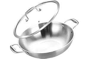 Inqibee 10-Inch Tri-Ply Stainless Steel Wok Pan with Lid,Small Stir Frying Pan,Jumbo Cooker,Induction Cooking Pan,Dishwasher 