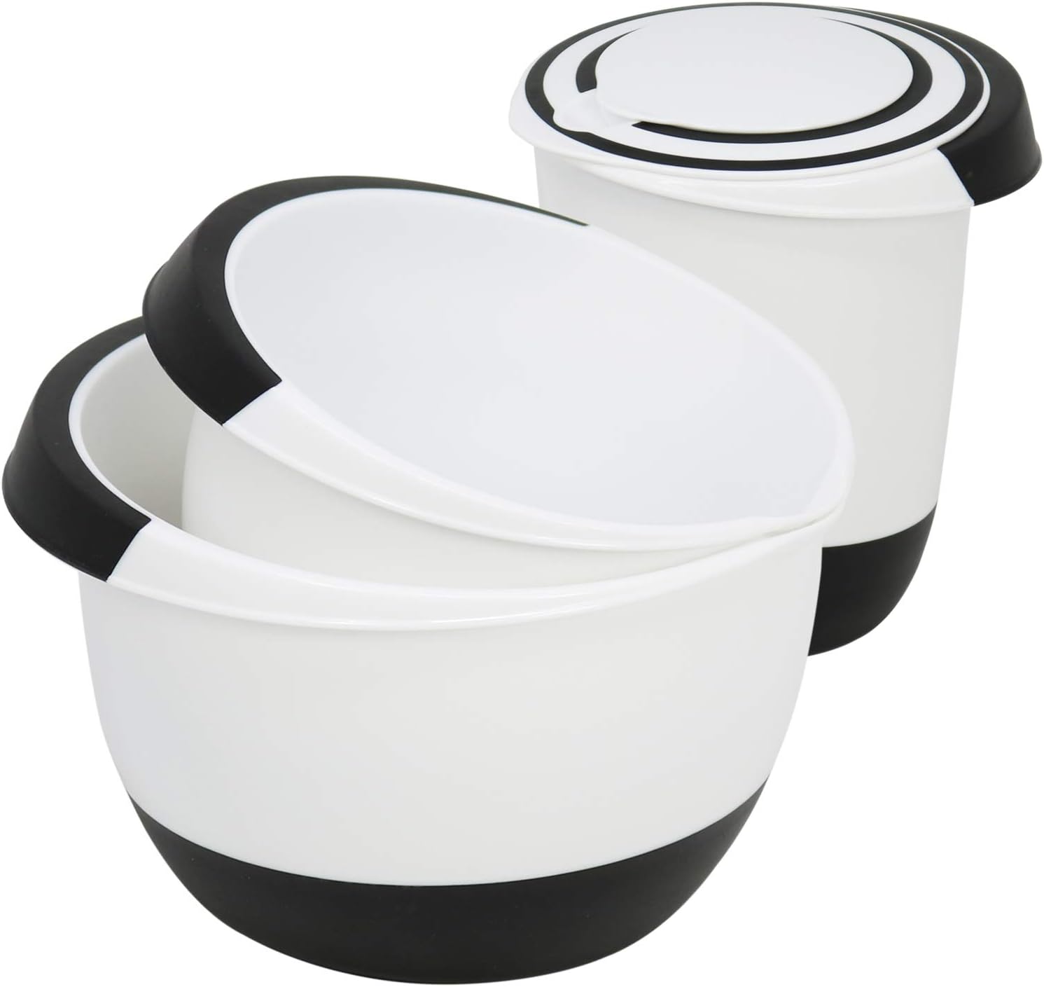 com-four® 3x Rührschüsseln in verschiedenen Größen, mit Stoppboden, Ausgießer und rutschfestem Griff (3 Stück - weiß. schwarz)
