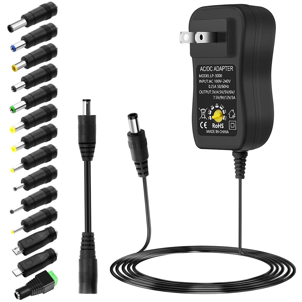 SHNITPWR AC Adapter 36W Universal Power Supply Adapter DC 3V ~ 12V Adjustable Power Converter 3V 4.5V 5V 6V 7.5V 9V 12V 500mA 1A 1.5A 2A 2.5A 3A with 14 Tips and Polarity Converter