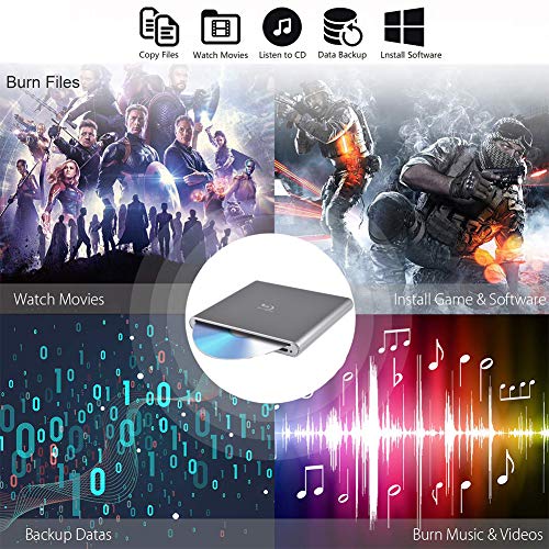 External Blu Ray Drive Portable Blu-Ray Player USB 2.0 Slot in BD CD DVD Burner with Eject Button Write Read CD DVD BD for Notebook Pro Air iMac Laptop (Sliver)