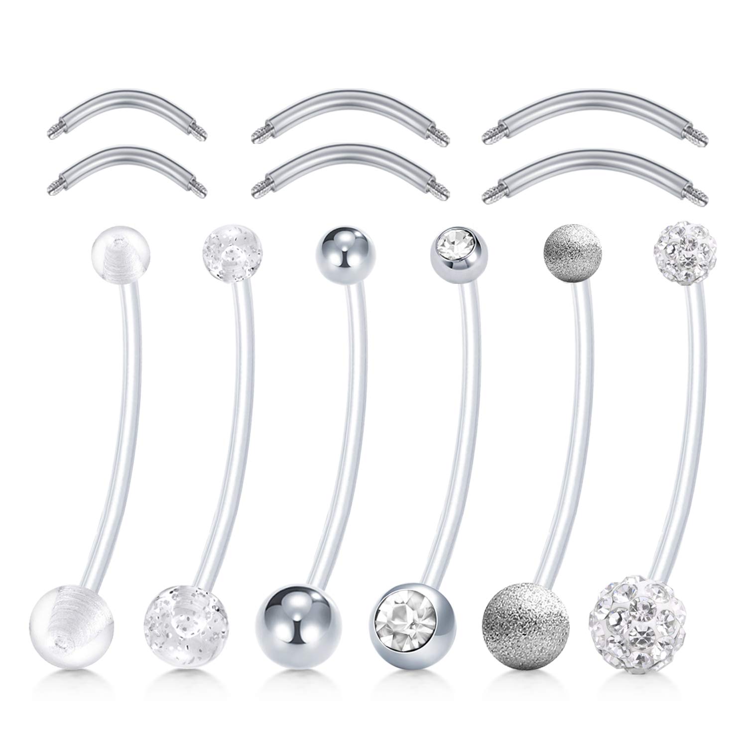 Rajnard 14G Pregnancy Belly Bar Flexible Belly Button Bars 38mm Silver Bioplast Maternity Navel Bars 6pcs for Women with 6mm 8mm 10mm Stainless Steel Replacement Bars