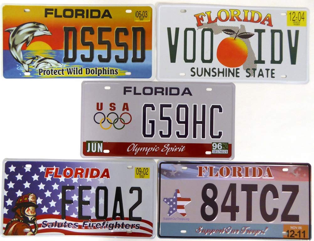 OPO 10 - Set of 5 metal USA car LICENSE PLATES - replicas of real FLORIDA USA license plates