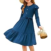 GRACE KARIN Girls Fall Long Sleeve Dress for Girl Rullfe Button Casual Flowy Tiered Dresses with Pocket 6-14Years