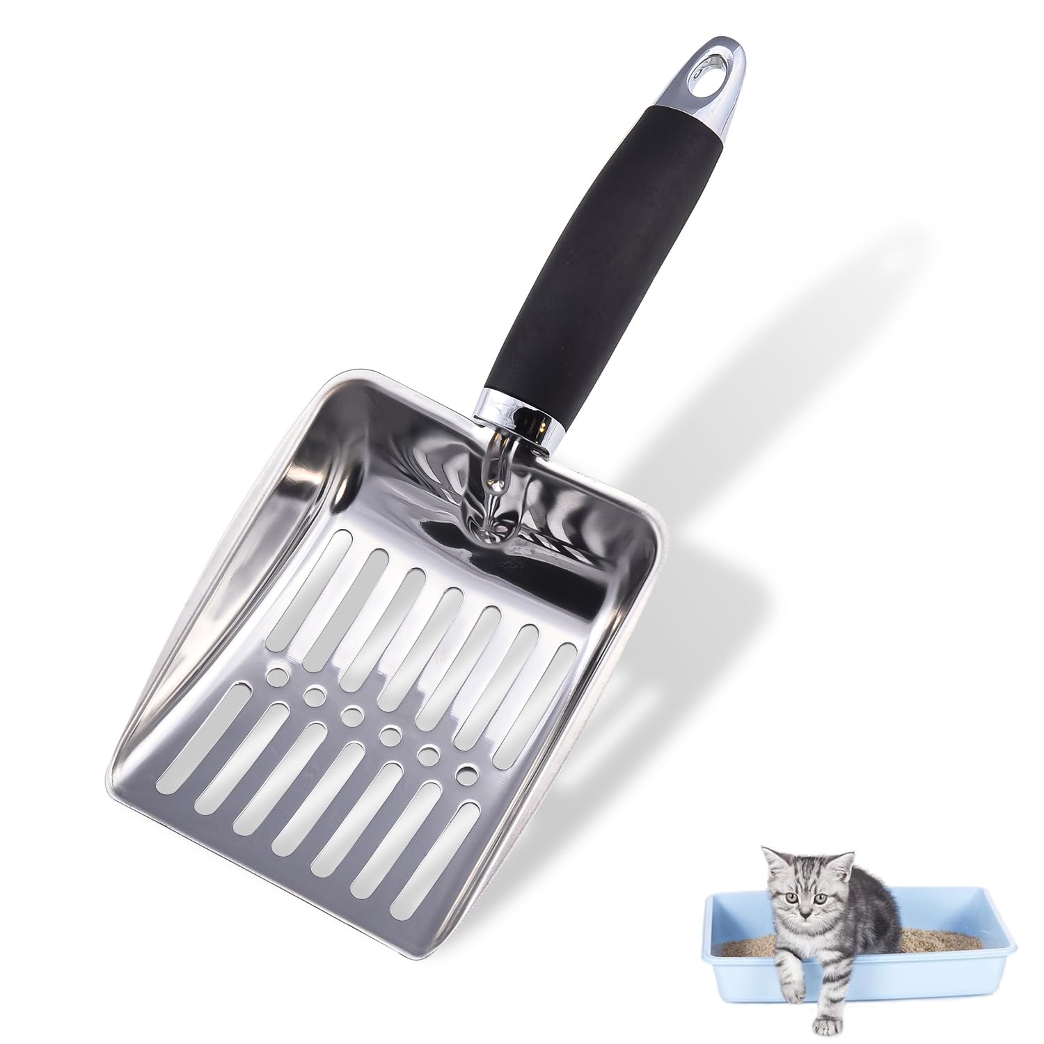Cat Litter Scoop,Stainless Steel Cat Litter Scoop,Non-Stick Plated Aluminum Alloy Sifter,Kitty Durable Metal Scooper, Deep Shovel, Long Handle, Kitten Pooper Lifter, Large Size for Cat Litter Box