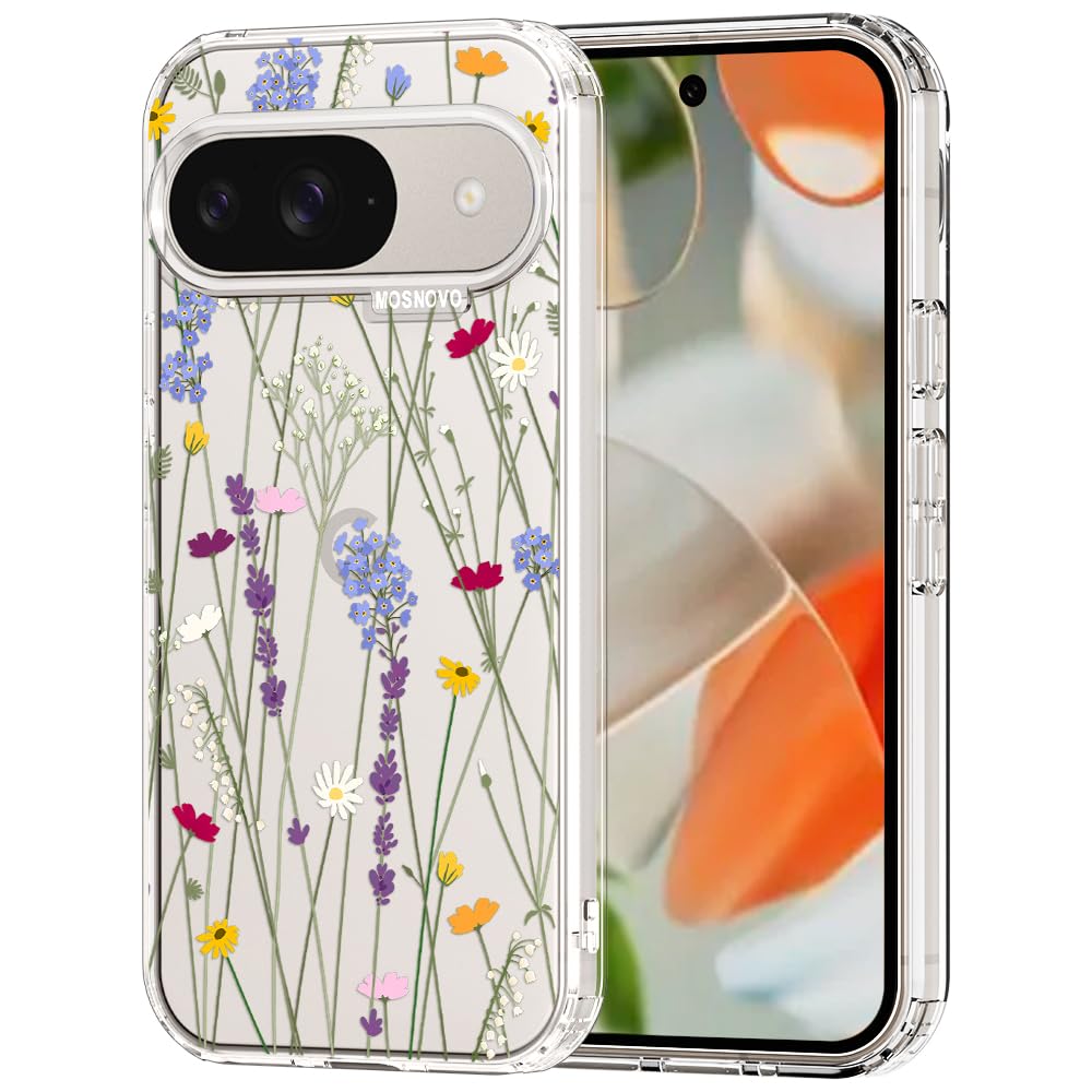 MOSNOVO Case for Google Pixel 9 & Pixel 9 Pro, [Buffertech 6.6ft Military-Grade Drop Protection] [Anti Peel Off Tech] Clear TPU Bumper Phone Case Cover Design - Floral Garden