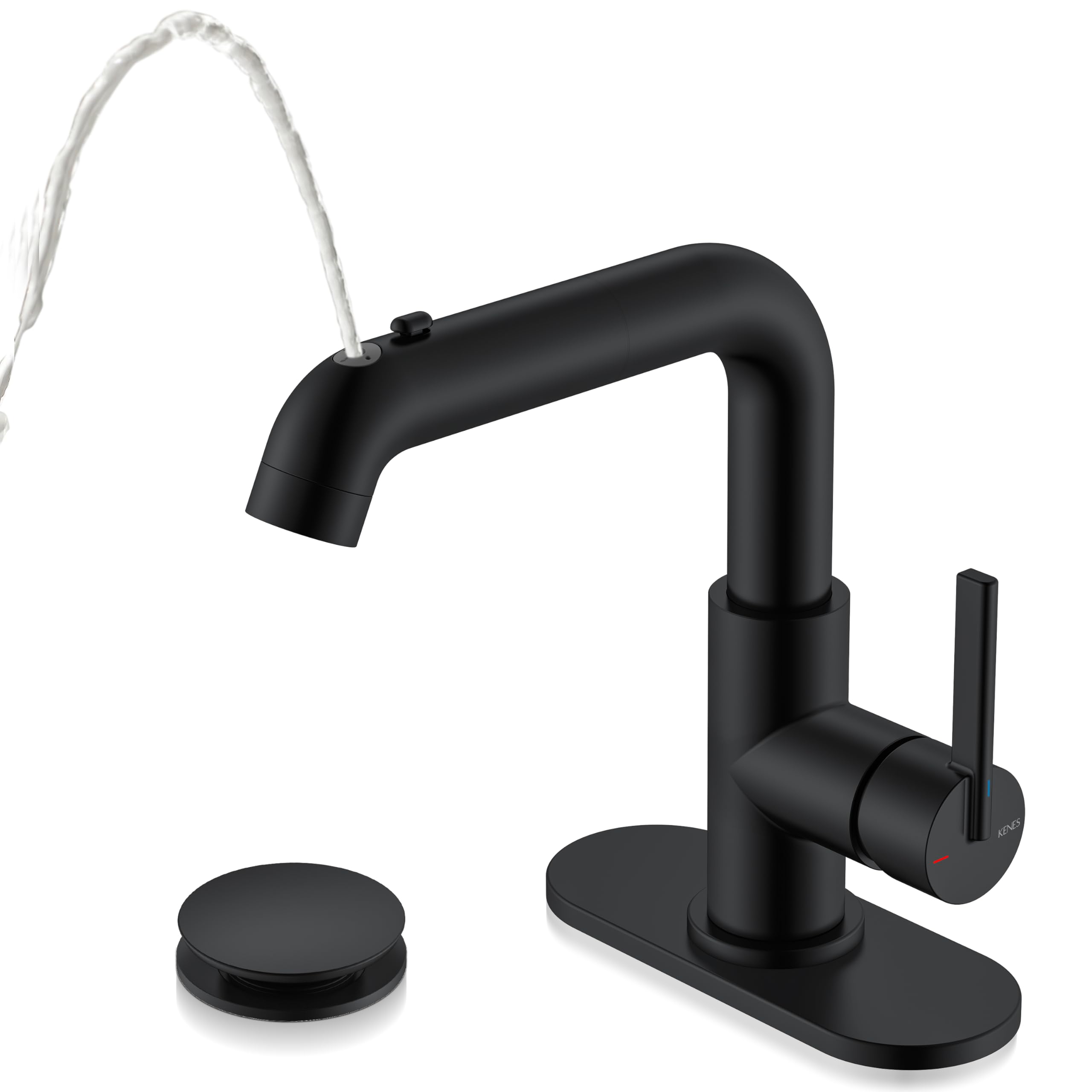 Photo 1 of KENES Matte Black Bathroom Faucet with Pull Down Sprayer, Single Handle Bathroom Sink Faucet with Pull Out Sprayer, Vanity Bar Faucet with Pop Up Drain & Deck Plate, LJ-9055A-2