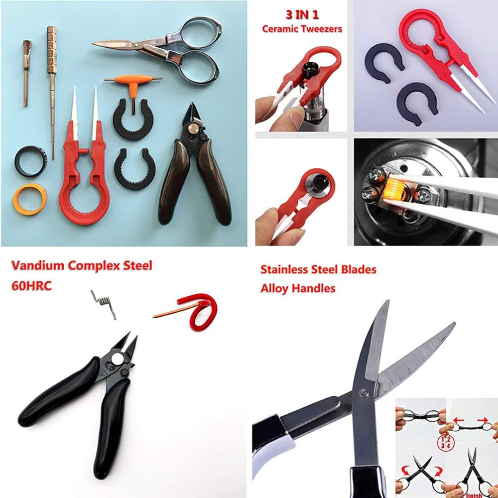 Coil Building Kit- Ceramics Tweezers Set/Plier/Folding Scissors/Wire Jig/Clean Brush/T Style Screwdriver/2pcs Silicone Ring Multifunction Hand Tool(8pcs)