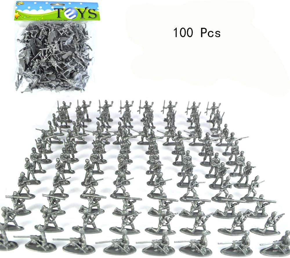 Elebox 100 Pcs Army Soldier Model Set Mini Static Plastic Model Toy 12 Kind Soldier Action Figures Simulation War Scene Toys for Kids Gifts (Silver)