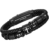 TempBeau Christian Black Leather Bracelet for Men - Double-Row Braided Leather Faith Cross Bracelets for Mens Jewelry Gift Religious Baptism Easter Gifts for Young Men Teenage,Adjustable Wristband