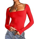 Dwnval Long Sleeve Shirts for Women - Basic Slim Fit Double Lined Square Neck Crop T Shirt