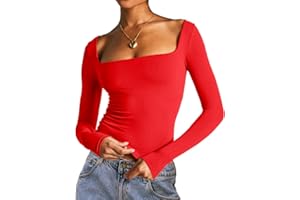 Dwnval Women's Sexy Long Sleeve Crop Top Square Neck Double Lined Basic Slim Fit T Shirt