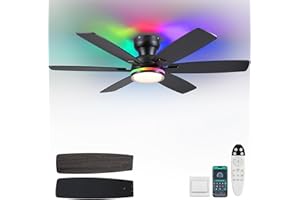 Kviflon 52" Ceiling Fans with RGB Lights, Low Profile Ceiling Fan with Remote/APP Control, Flush Mount, Double-Sided 6 Reversible Blades, RGB+3CCT Dimmable Lights, Double Lampshade for Bedroom, Black